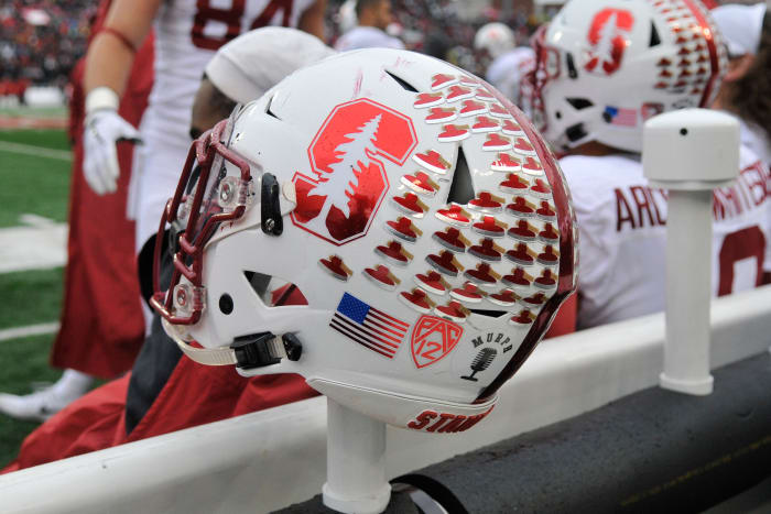 Nov 4, 2017; Pullman, WA, USA; Stanford Cardinal helmet sit on the sideline during a game against the Washington State Cougars at Martin Stadium. The Cougars won 24-21. Mandatory Credit: James Snook-USA TODAY Sports